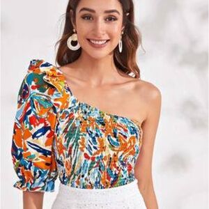 Shein Womens Multicolor One Shoulder Puff Sleeve Frill Crop Top